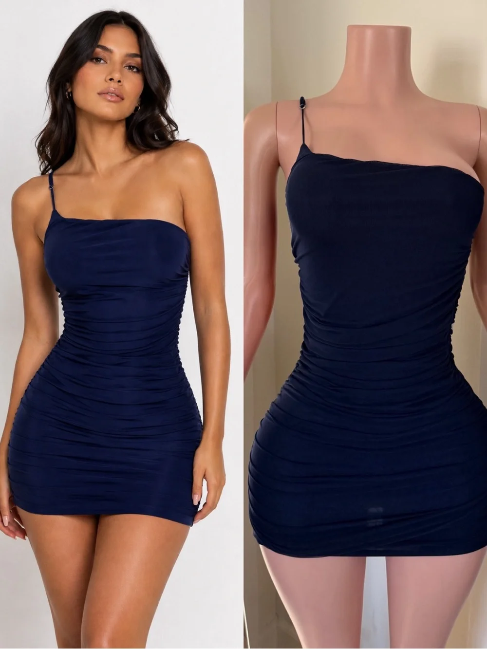 Women’s Navy Ruched Mini Dress with Spaghetti Strap
